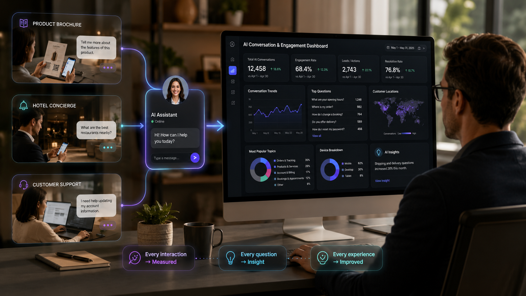 AI conversation and engagement reporting across product brochures, hotel concierge and customer support experiences